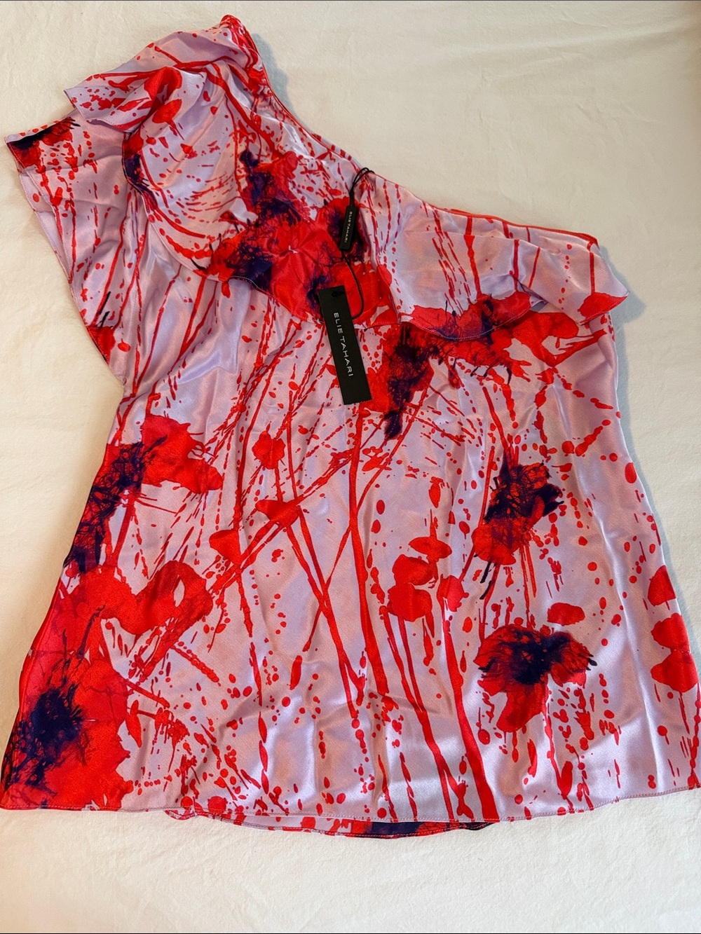 🏝️ Elie Tahari red/lavender print off the shoulder silk top. Size S. NWT.